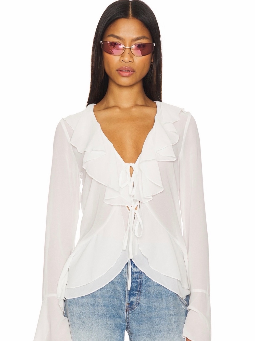 Ruffled Tie-Front White Blouse - Women's Top